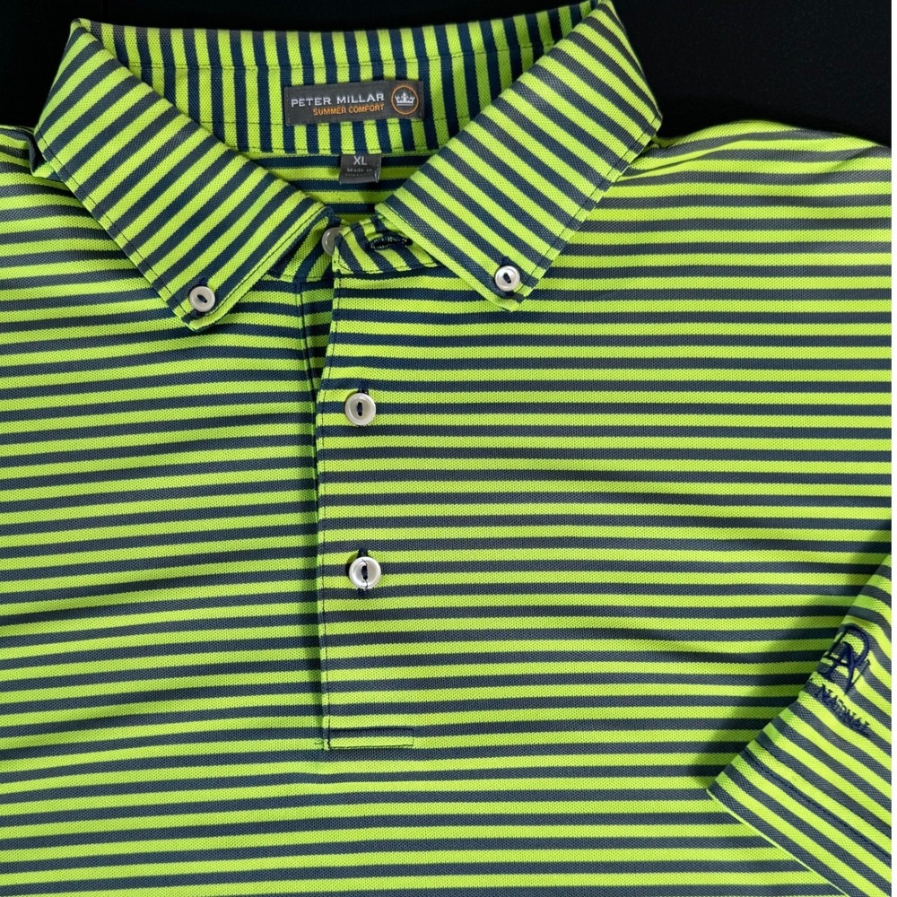 Peter Millar Summer Comfort Mens XL‎ Polo Green Navy Striped Dallas National